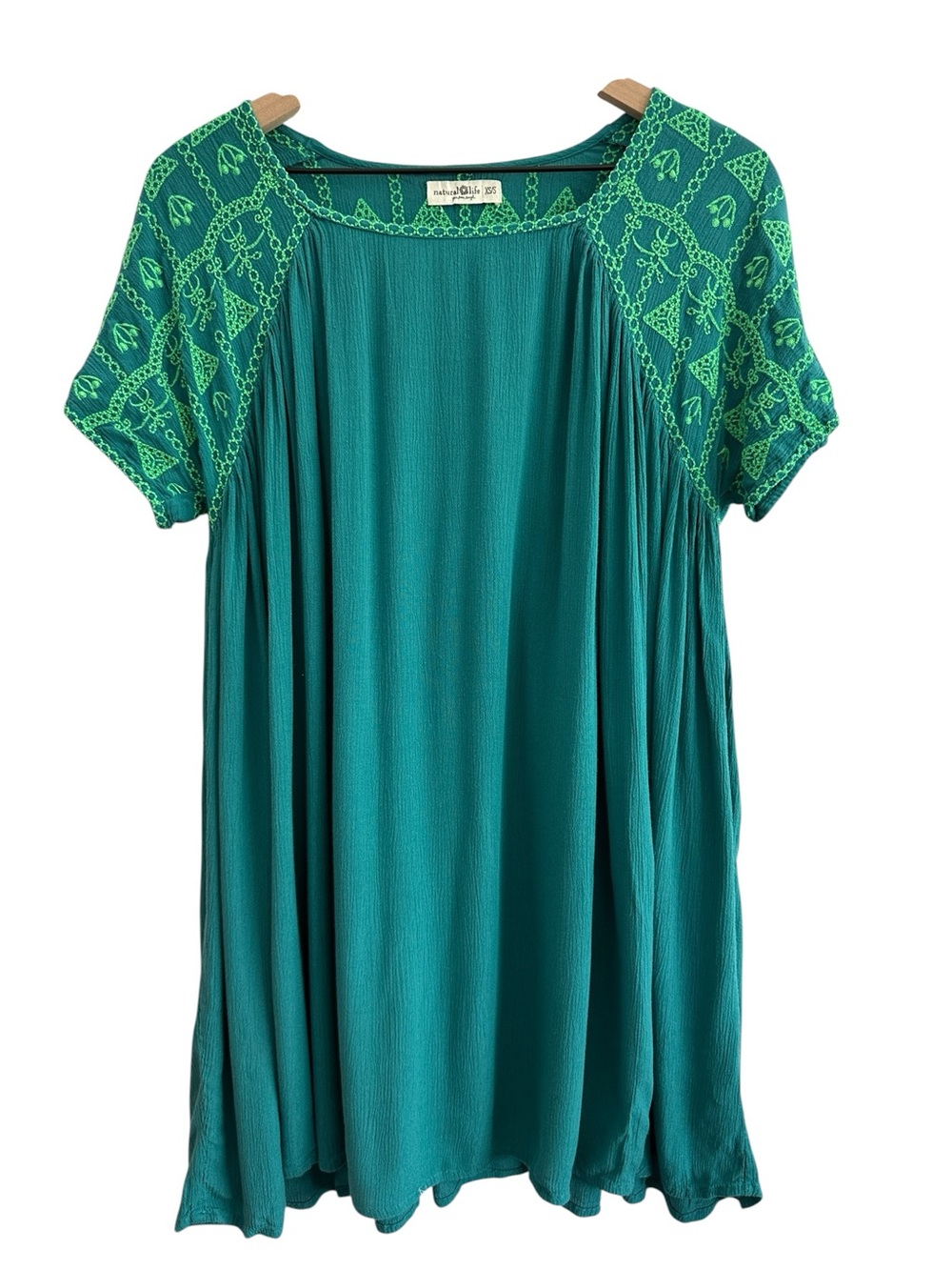 NATURAL LIFE Women Tunic Small Green Oversized Embroidered Boho Beach Cover Up